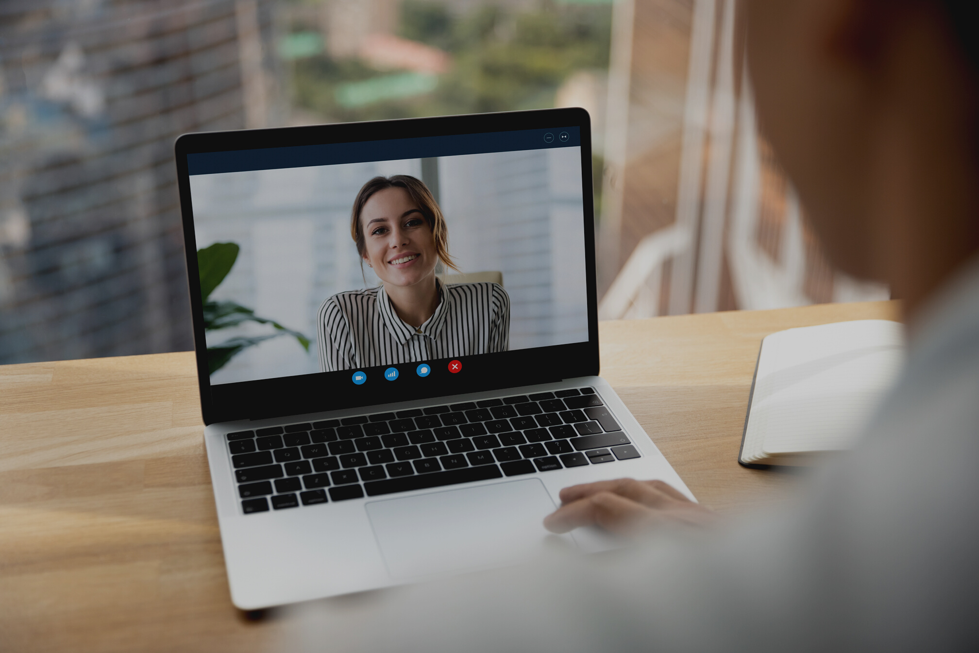 Diverse colleagues have webcam zoom meeting on computer